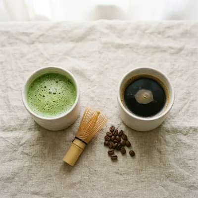 A cup of matcha and a cup of black coffee side by side on a light table