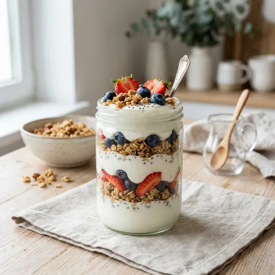 A tall glass jar layered with Greek yogurt, granola and sliced strawberries and blueberries