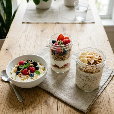 Three breakfast dishes side by side, a cottage cheese bowl, a yogurt parfait and a jar of overnight oats
